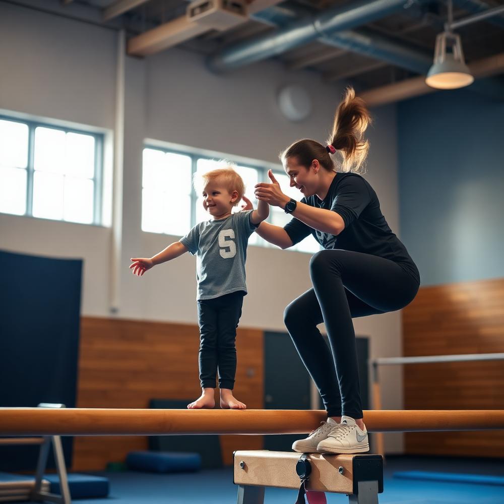 Coach spotting child on balance beam