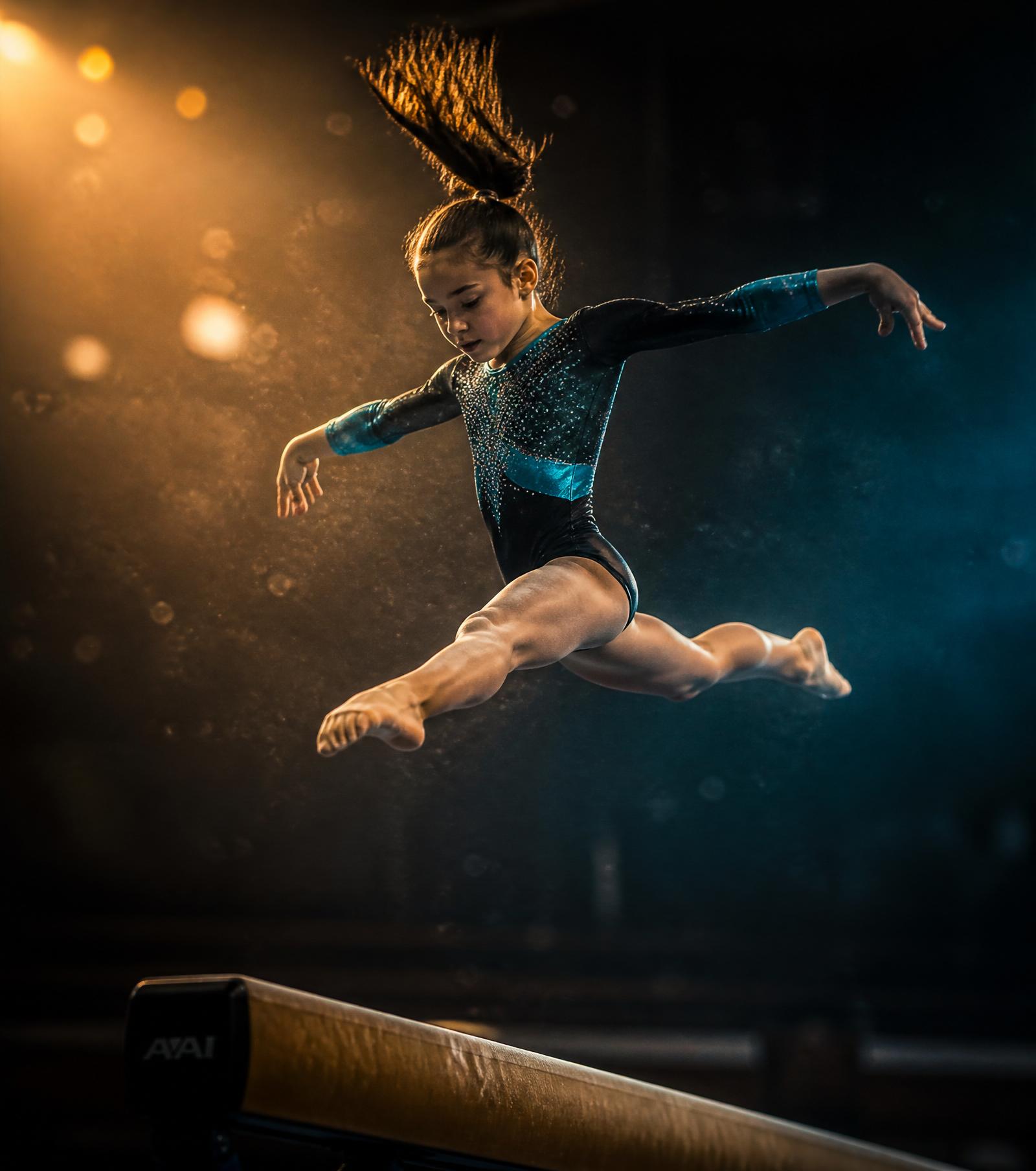 Gymnast performing a leap on balance beam